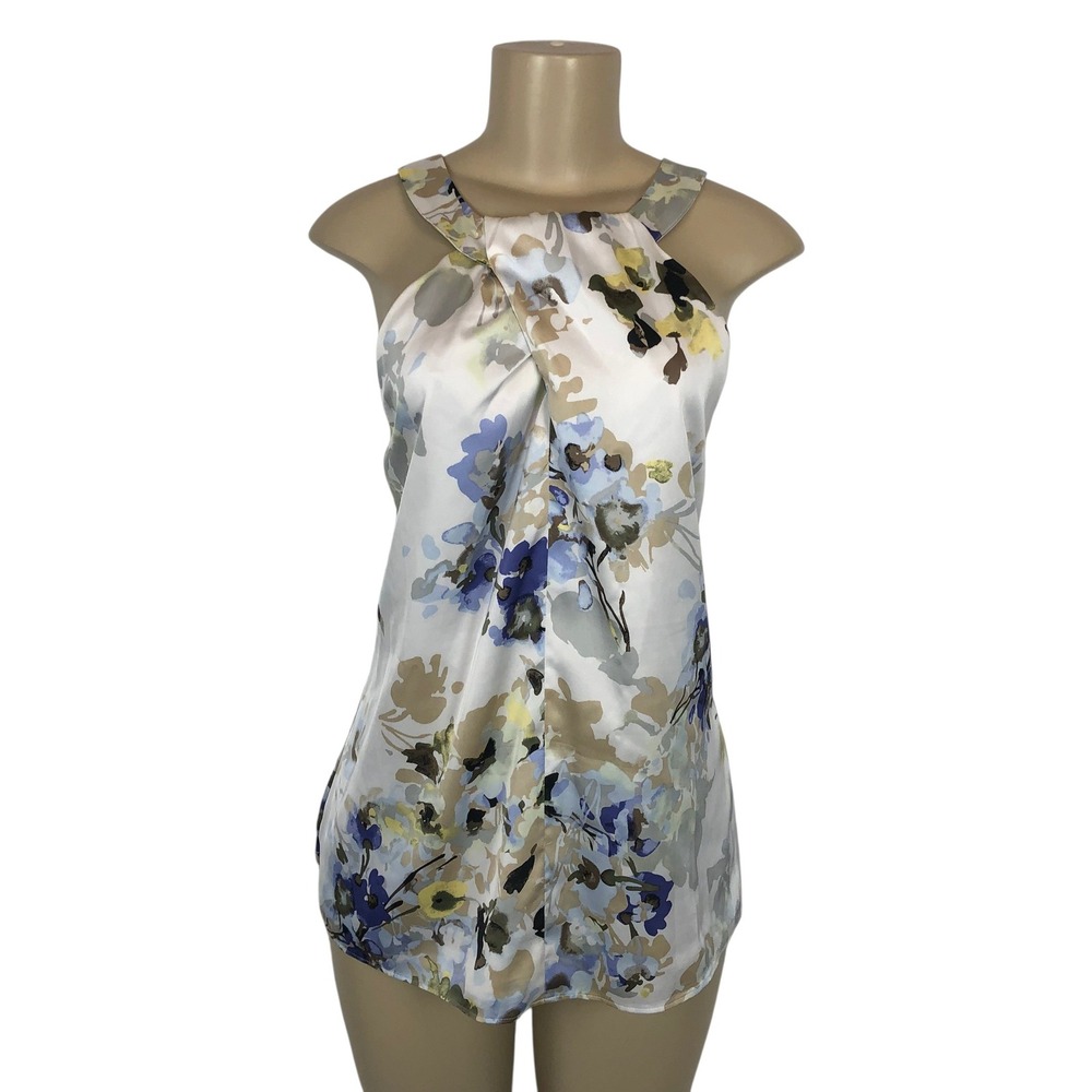 White House Black Market White Floral Halter Silk Blouse